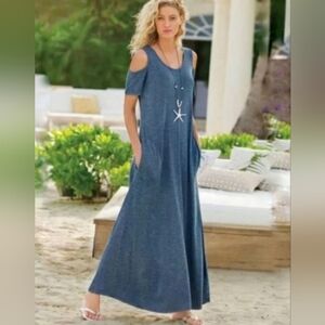 Soft Surroundings Electra Cold Shoulder Soft Stretch Maxi Dress Blue XL